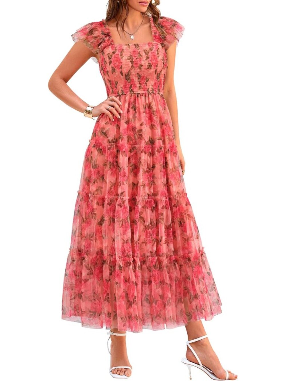 Women's Summer Smocked Midi Tulle Dress | Sleeveless Square Neck A Line, Flowy T
